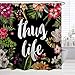 BROSHAN Tropic Flower Shower Curtains, Spring Romantic Watercolor Tropical Red Floral Green Palm Leaves on Black Art Print, Nature Fabric Bathroom Decor Set,72 inch Long
