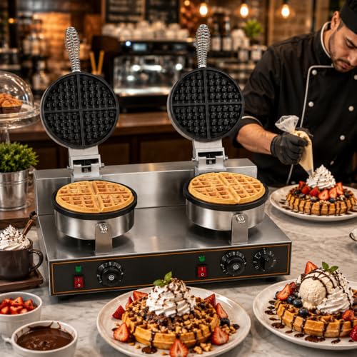 Image of Double Head Round Belgian Waffle Machine, Commercial Electric Waffle Maker Machine, Professional Belgian Waffle Baker for Cafe Bakery
