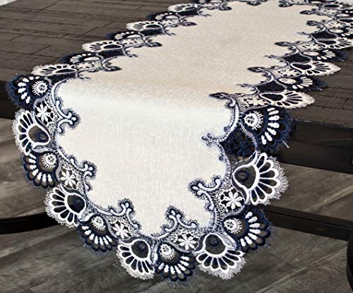 Linens, Art And Things White Navy Blue Jacquard Peacock Tail Lace Dresser Scarf Table Runner Coffee Table Runner (16Wx35L) #TOP5