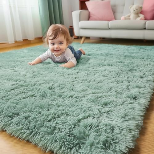 Amdrebio Sage Green Area Rugs for Bedroom Aesthetic, Fluffy Furry Rugs for Nursery, Classroom, Teen Boys, Baby Kids Room Decor, Cute Shaggy Carpet for Living Room Dorm, Fuzzy Plush Light Mint Rug 4x6