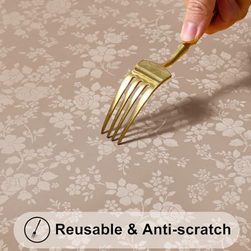 Image of Smiry Heavy Duty Vinyl Fitted Tablecloths for 6 Foot Rectangle Tables | Elastic Waterproof Fitted Tablecloths, Wipeable Washable Table Cover for Kitchen, Dining, Camping (Khaki, 30 inch x 72 inch)
