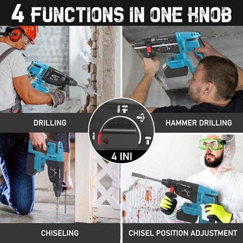 Cordless SDS Plus Hammer Drill Brushless Motor 1500W 21V 3000mAh Battery, 4-in-1 26mm Hammer Drill with 360° Rotating Handle, Variable Speed & 5 Drills for Concrete Metal Wood 7 Cordless SDS Plus Hammer Drill Brushless Motor 1500W 21V 3000mAh Battery, 4-in-1 26mm Hammer Drill with 360° Rotating Handle, Variable Speed & 5 Drills for Concrete Metal Wood - Image 7