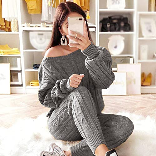 hlysgo Women Cable Knitted 2 Pieces Outfits Chunky Long Sleeve Sweater Pullover Top and Pants Winter Plus Size Lounge Sets2