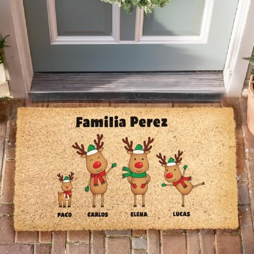 Transparent Gift Felpudo Personalizado con Nombres Renos. Alfombra Entrada Casa. Felpudos Personalizados. Decoración de Navidad. Regalos Originales para Familia. Fibra de Coco y Base Antideslizante