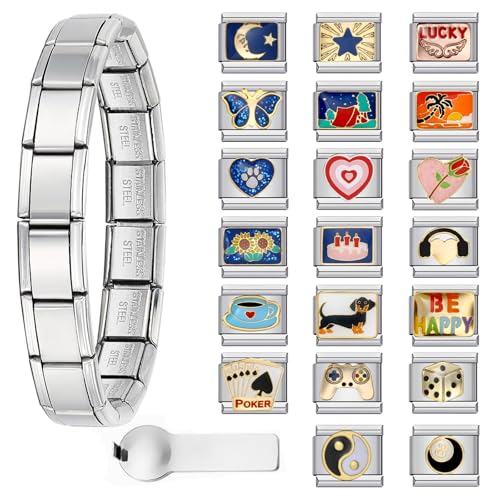 Double Fair Silver Italian Charm Bracelet with 20 Interchangeable Charms (Moon Stars Wings Poker) + Opener DIY Adjustable Stainless Steel Bracelet for Women & Men