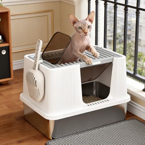 Caja de arena para gatos de acero inoxidable con tapa cerrada miniatura 1
