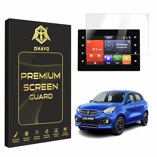 Image of OHAYO Military Strength Screen Protector for Maruti Suzuki Celerio (All Variants 2021-2026) Infotainment Display | 9H Hardness, Edge-to-Edge Coverage, Scratch Resistant, Bubble-Free Install, Ultra HD Clarity | Non-Rigid, High-Durability Screen Shield with Installation Kit