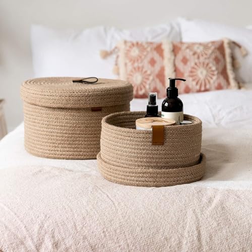 Image of AuraNest Cottan Box round mini rope storage jute woven Shelf basket hamper baby nursery tray bucket organizer gifts set of 2 for kids toys,fruits,living room,bathroom,kitchen,office (Brown)