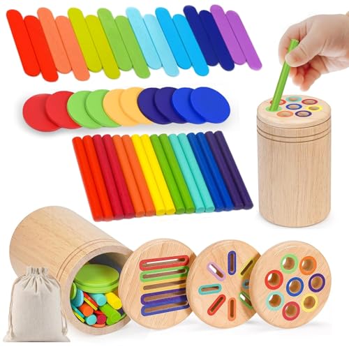 PQETBV 3 en 1 Juguetes Montessori de Madera, Juguetes Educativos de Apilar Y Encajar 3 + Años, Juegos Sensoriales, Juguete Montessori de Madera para Clasificar Formas y Colores