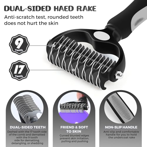 Image of 4 PCS Dog Grooming Brush Kit for Shedding Long Haired Cats, Black | Skin friendly gentle massage beads; ideal for long haired dogs and cats; removes loose fur, undercoat, mats & tangled hair.