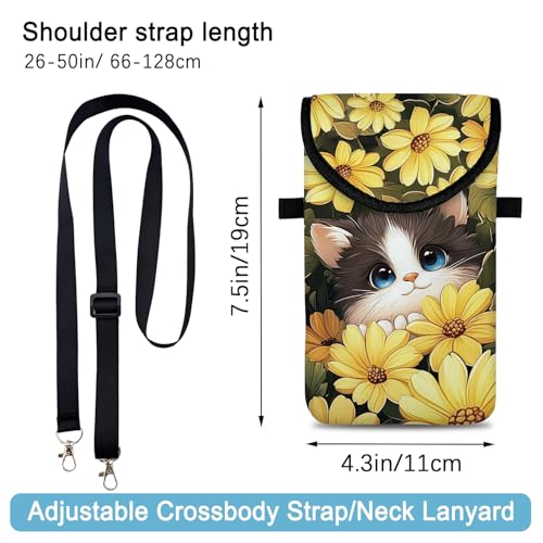 Image of Neoprene Cell Phone Sleeve Pouch Case Bag with Crossbody Strap Neck Lanyard for Women 7.5 X 4.3 in Sunflower Cat