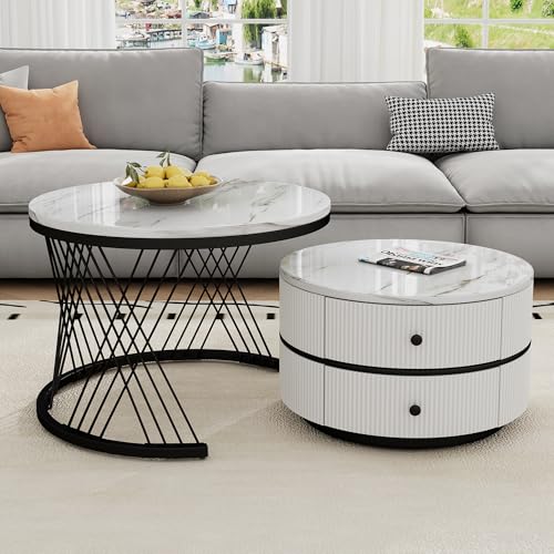 RanRan Elegantes 2-teiliges, weißes Couchtisch-Set in Nestform, 60x60x46cm & 50x50x31cm, runde Tische mit hochglänzender Marmoroptik, 2 Schubladen,Nesting-Kombination Couchtisch (Weiβ+Schwarz) RanRan Elegantes 2-teiliges, weißes Couchtisch-Set in Nestform, 60x60x46cm & 50x50x31cm, runde Tische mit hochglänzender Marmoroptik, 2 Schubladen,Nesting-Kombination Couchtisch (Weiβ+Schwarz)