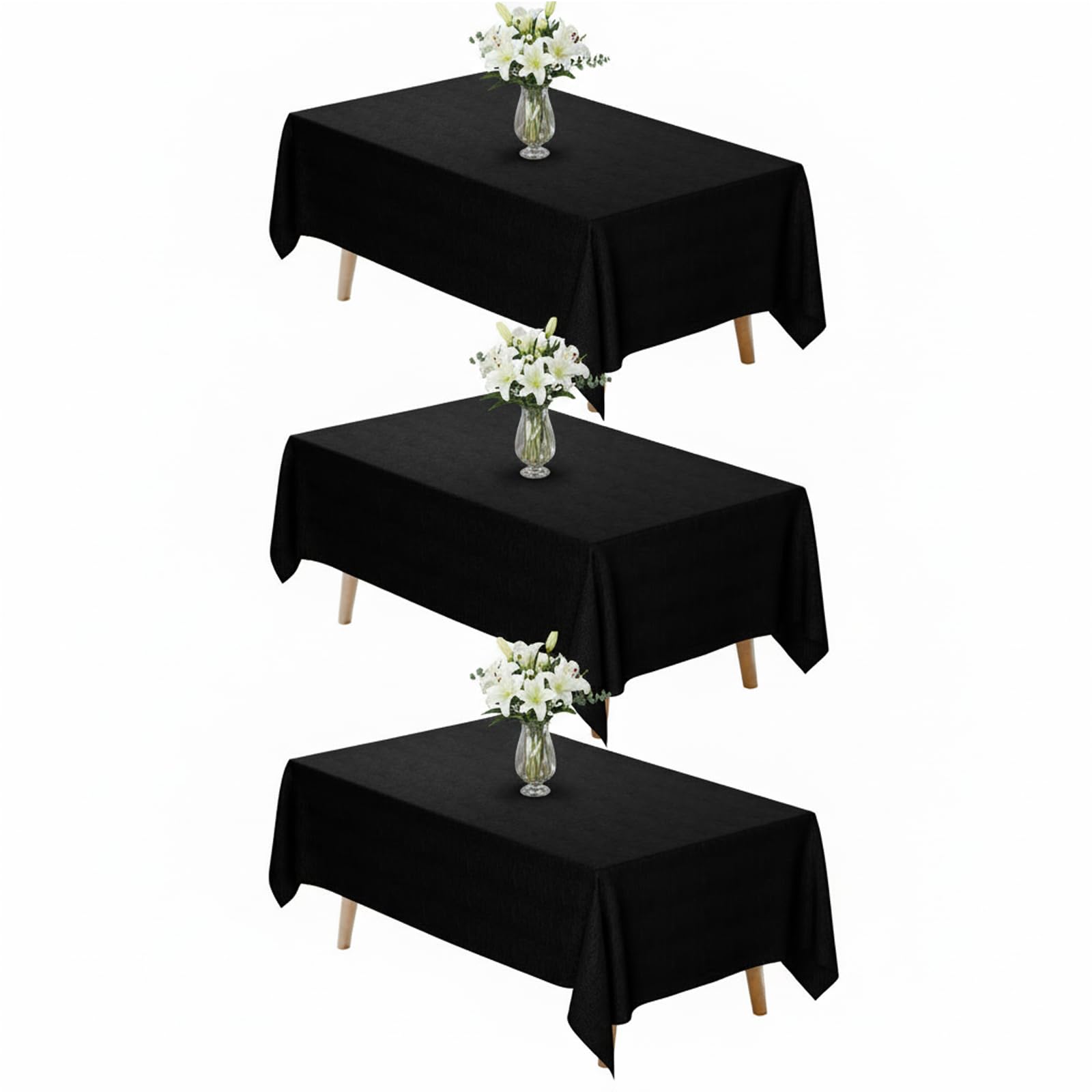 Fixwal Black Tablecloth Rectangle 70 x 120 Inch, 3 Pack 6-8ft Polyester Fabric Table Cloths Rectangular Table Covers for Party, Banquet, Dining, Birthday, Wedding