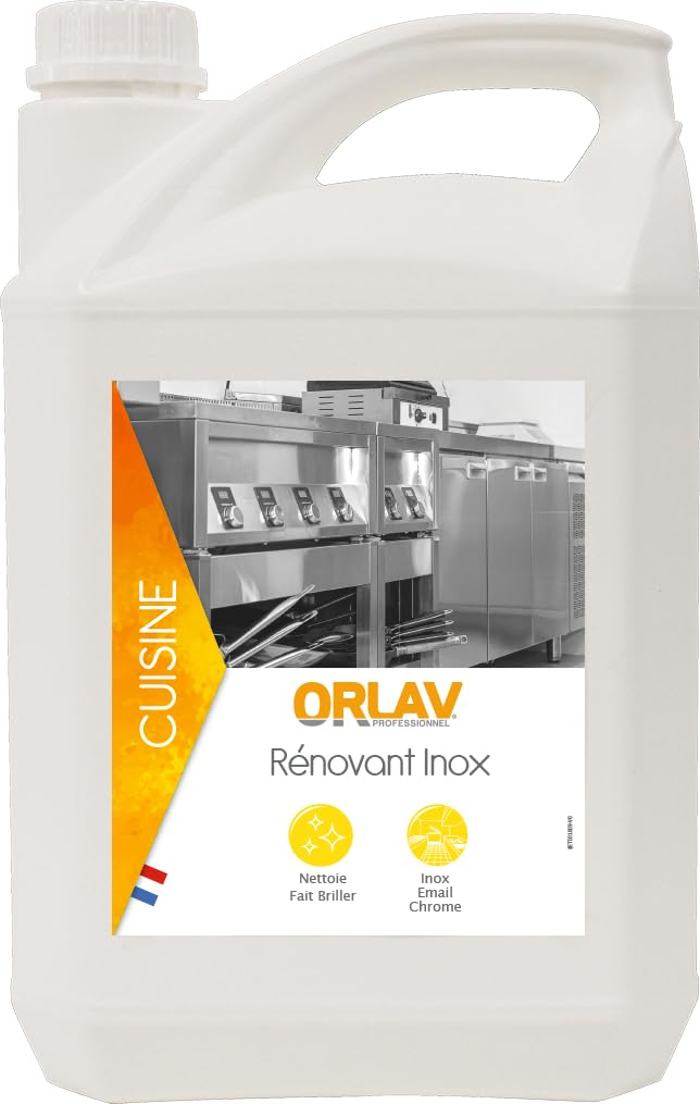 Rénovant Inox Alimentaire 5L – Nettoyant Inox Professionnel Cuisine – Agréé Contact Alimentaire – Fait Briller – Bidon 5 Litres ORLAV