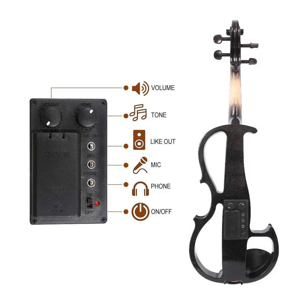 16 Inch Silent Electric Viola Set- Solidwood Body with Ebony Fittings Metallic Coating, Full 4 String Viola Set for Beginner Practice, Professional Performance and Studio Recording (Black)
