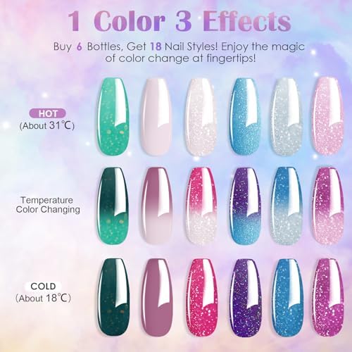 Kredioo Colour Changing Gel Nail Polish Set, 6 Colors Glitter Pink Green Purple Blue Temperature Change Manicure Nail Art Gel for All Season Spring Summer Fall Winter, UV/LED Cured Needed