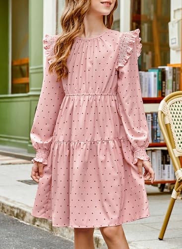 Girls Vintage Puff Long Sleeve Ruffle Dresses with Two Side Pockets for 6-13 Years, Fall/Spring/Summer4