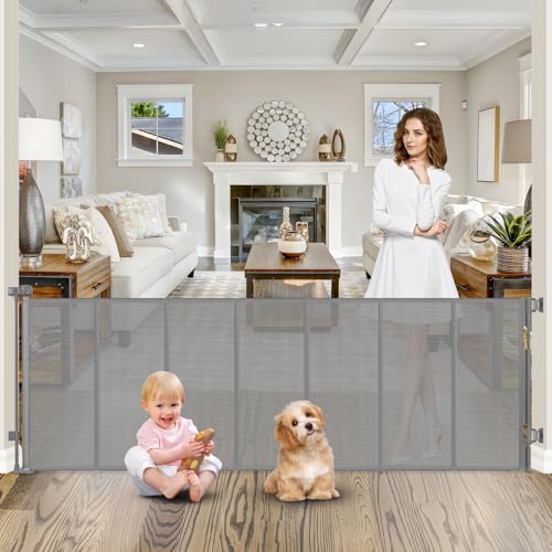 Image of Reinforced 120 Inch Retractable Dog Gate Extra Wide Retractable Baby Gate Stop Bottom Crawling Over Babies and Pets Retractable Pet Gate Puppy Gate for The House Extra Wide Child Gate for Wide Opening
