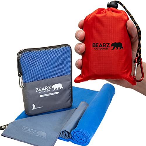 BEARZ Outdoor Pocket Blanket (Red) and Quick Dry Towel Travel Towel (Blue) Bundle, Beach Blanket, Microfiber Towel, Camping Towel and Camping Tarp Picnic Blanket