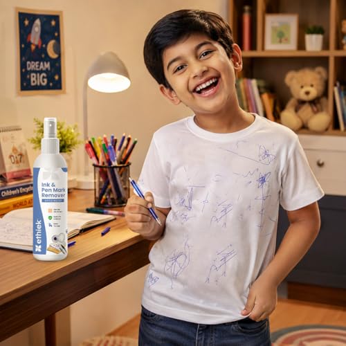 Image of Ethiek Ink & Pen Mark Stain Remover Spray | Removes Ball Pen, Marker & Ink Marks from Fabric | Safe on Coloured Clothes | 75ml