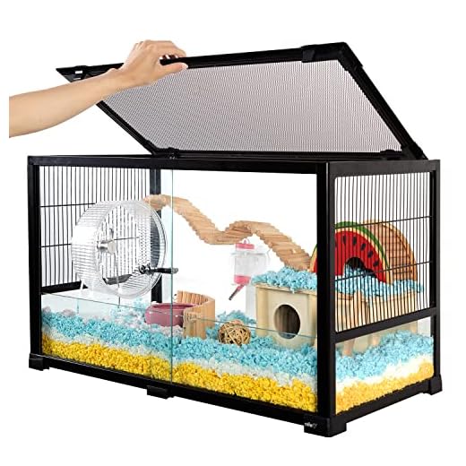 OIIBO Glass Hamster Cage with Big View, 40 Gallon Large Hamster Cage with Sliding Front Door Chew-Proof Design for Dwarf Syrian Hamster Hedgehog Gerbils Guinea Pigs or Other Small Animals, Black