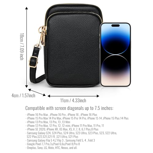 Cell Phone Purse Small Crossbody Bag for Women Men Leather Mini Shoulder Bag Wallet with Card Holder Slot Pouch Neck Strap for All Smartphones iPhone 16 Pro Max 15 Plus 14 13 12 11 X up to 7.5" Black2