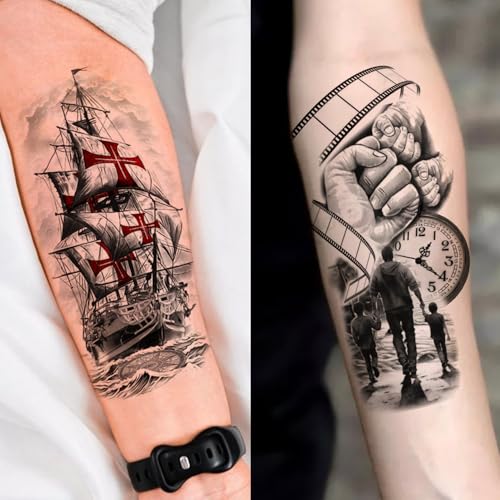 Image of 27 Sheets Dragon Snake Warrior Temporary Tattoos For Men Women Adults Half Arm Sleev Tattoo Sticker, Realistic 3d Pirate Ship Lion Tiger Wolf Skull Fake Tattoos For Adults Forearm Tatoos Long Lasting