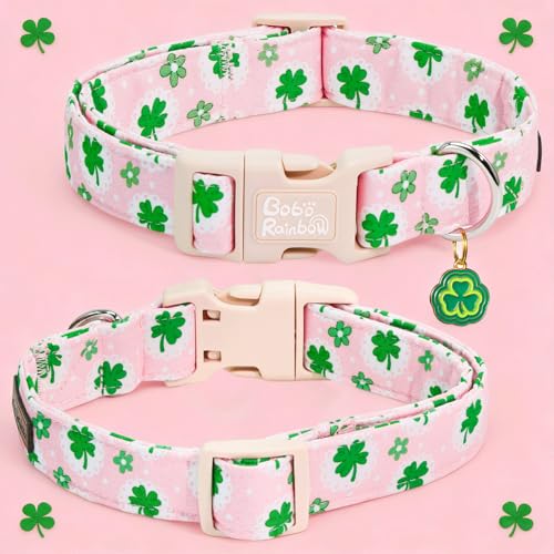 Image of St Patrick's Pink Four-Leaf Clover Dog Collar for Large Dogs | Daily Walks,Irish Parade,Spring Picnic Hiking,Adjustable,Soft Cotton Fabric,Quick Release Plastic Buckle,Pendant,Female Dog