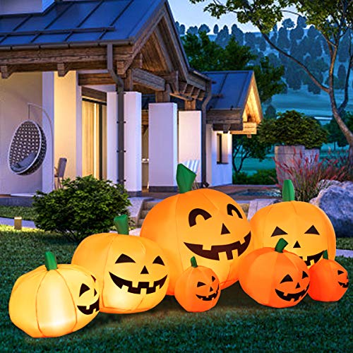 Tangkula 7.5 Ft Halloween Decorations Inflatable Pumpkin Patch, Blow Up 7 Pumpkins Family with Build-in LED, Inflatable Jack-o-Lantern for Indoor Outdoor Front Yard Halloween Party