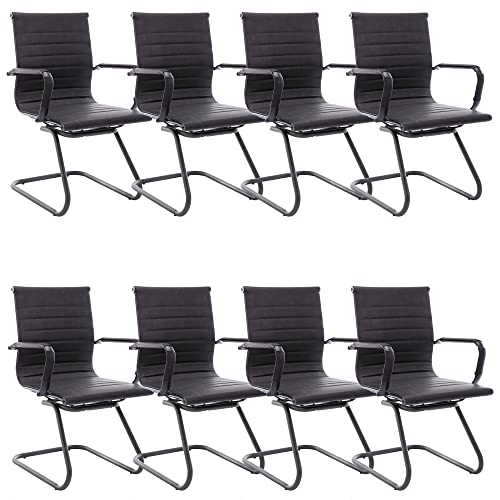 Image of Office Desk Chair No Wheels Set of 8 PU Leather Computer Chairs Mid Back Guest Chairs for School Reception Conference Waiting Room, Vintage Charcoal