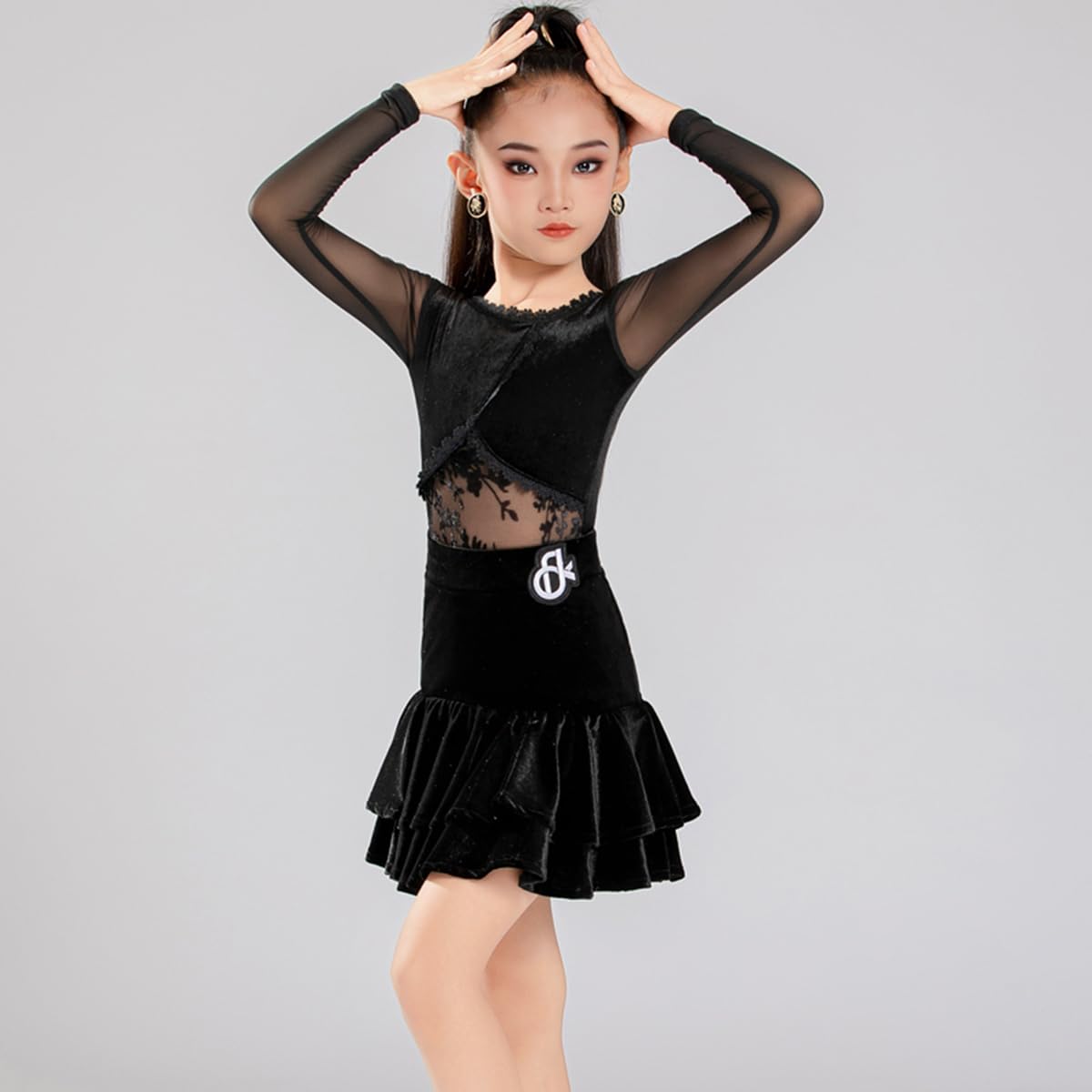 EFLALYHG Dziewczęca sukienka do tańca latynoamerykańskiego z długim rękawem aksamitna dziecięca sukienki towarzyskiego salsa rumba cha cha samba spódnica tanga strój występów scenicznych