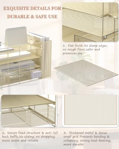 Image of WALI Desk File Organizer, 4 Tier Desktop Paper Letter Tray Organizer with Drawer and 2 Pen Holders, Office Desk Accessories & Workspace Organizers for Office, Home, School Supplies, 1 Pack, Gold