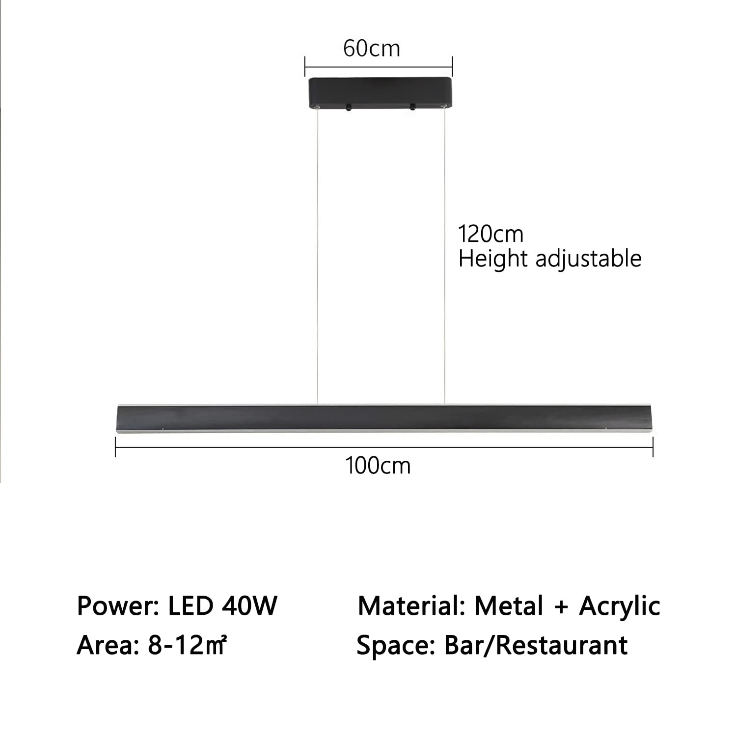 LED Lampa Wisząca do jadalni Nowoczesna ściemnialna długa lampa Wisząca z pilotem Żyrandol z Regulacją Wysokości Akrylowy klosz do Jadalni Biurowe Oświetlenie Kuchenne (czarny, 100cm)
