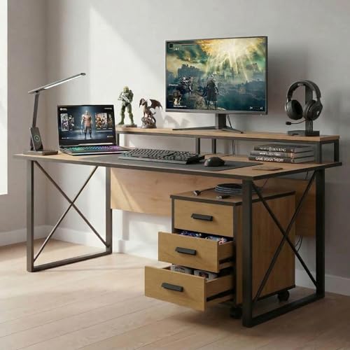 Image of FFO Wooden Gaming Desk with 3-Drawer Mobile Cabinet | Large Computer Table for Gaming & Home | Study & Workstation Desk with Sturdy Metal Frame | DIY Assembly | Oak Finish (150x60x75 cm, Brown)