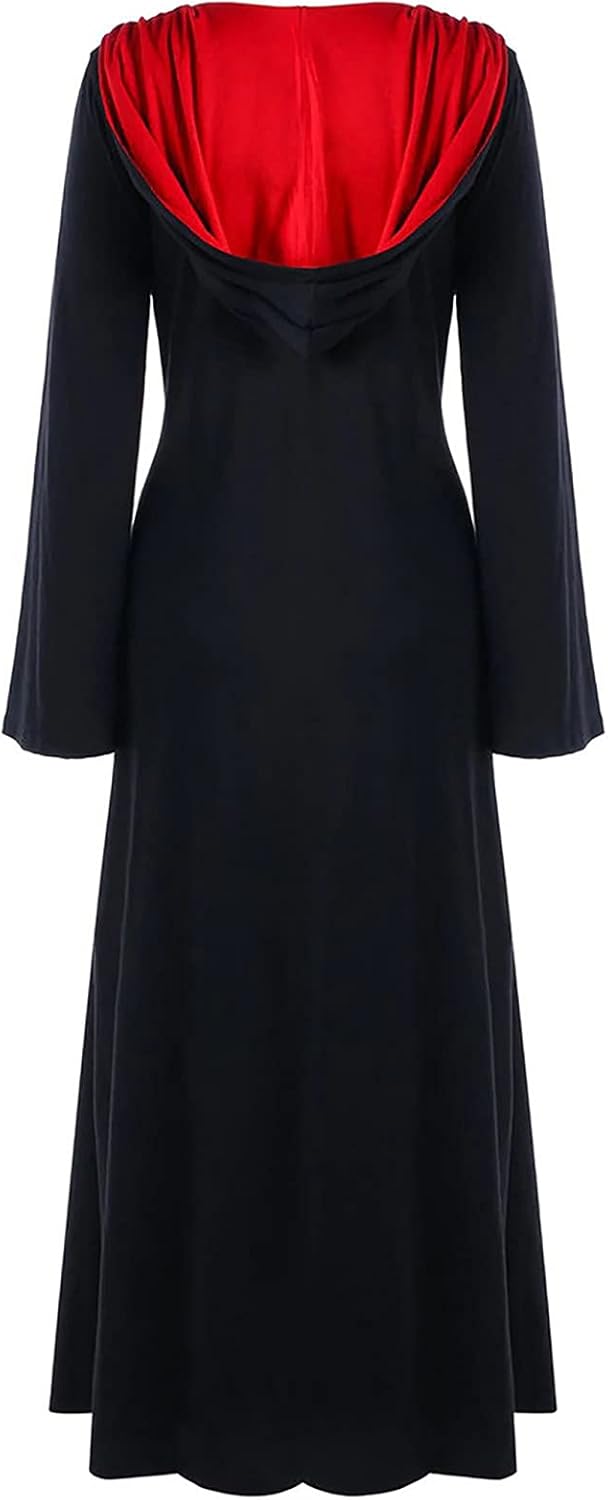 Women's Halloween Costume Renaissance Hooded Dress Medieval Witch Dress Vampire Costume Cape Party Cosplay Dress Black