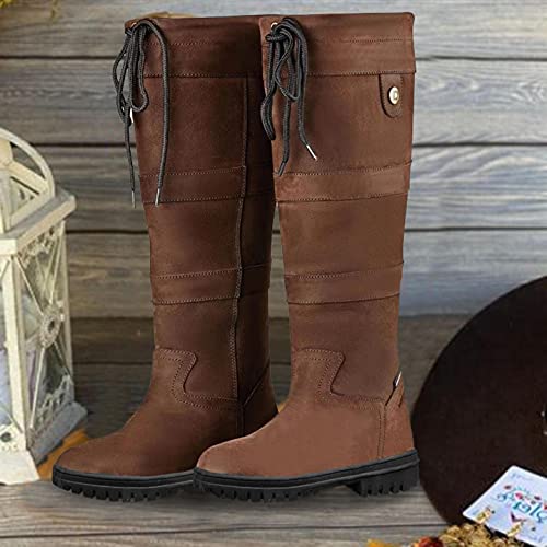 Hbeylia Knee High Work Boots For Women Vintage Leather Round Toe Chunky Block Low Heels Non Slip Knee Length Combat Boots Casual Pullon Lace Up Motorcycle Riding Winter Snow Tall Boots3