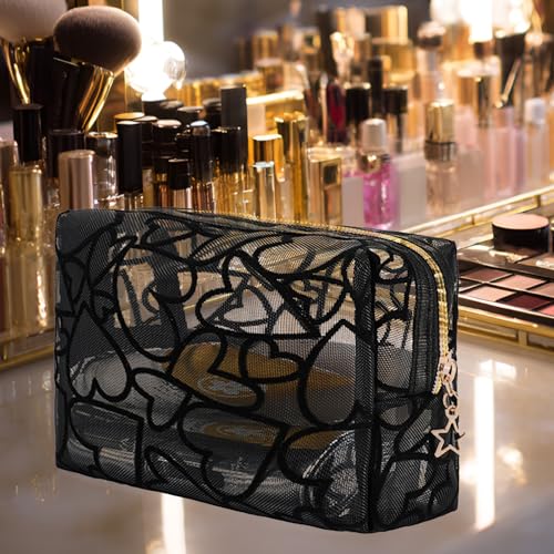 Image of Square Mesh Makeup Bag Flocking Heart Printed, Portable Travel Mesh Cosmetic Bags Toiletry Bags Makeup Purse Bags Five-pointed star zipper pull Storage Pouches, for Home Travel Accessories