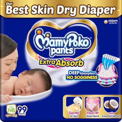 Image of MamyPoko Pants Extra Absorb Baby Diapers, New Born /X-Small | 0-5 kg | 99 Count |Deep Sleep Diapers| Soft Gentle fit |Deep Absorbent Crisscross | Skin Friendly with Coconut Oil |