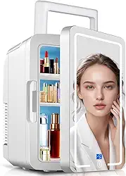 Mini Geladeira Portatil, Mini Geladeira Skincare, Beauty Porta Espelhada e LED, Esfria e Aquece, Capacidade de 12L, 12V para Automóvel, 110V-220V para Cas