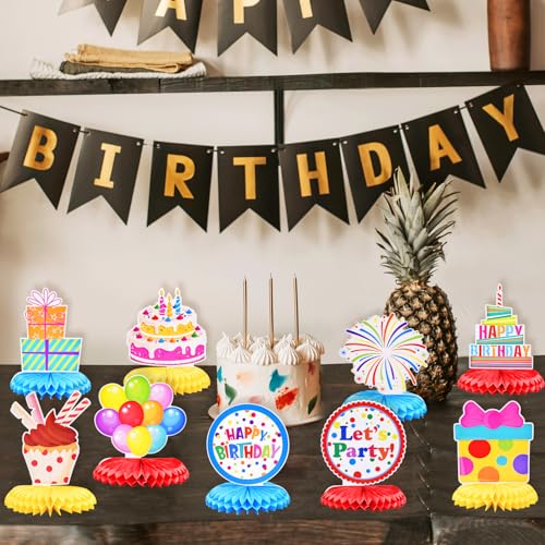 Image of 9 Pieces Birthday Honeycomb Centerpieces Table Decor, Colorful Cake Balloon Gift Box Happy Festive Pattern Table Topper Ornaments Signs, Fun Birthday Party Decorations
