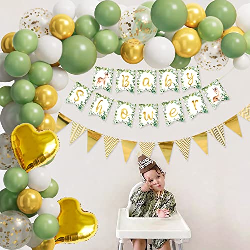 Baby Shower Deko Junge, Baby Party Deko Neutral, Luftballons Grün Gold Weiß, Oh Baby, Babyshower Girlande für Jungen Mädchen Babyparty, Geburtstag, Geburtstagsdeko Cover