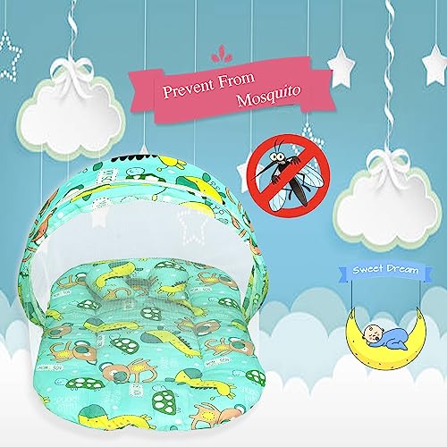 Image of MOM & Son Baby Bedding Set Mattress with Net & Baby Sleeping Bag (0-3 Months) (Sky Kitty & Green)