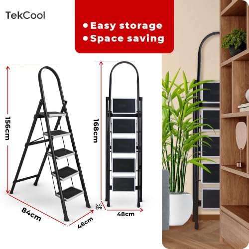 Image of TEKCOOL 5 Step Ladder for Home Use with Built-in Tool Tray | Heavy Duty D Shape Rods | 20 x 30 cm Large Platform | Wide Rubber Feet | Secure Lock | 150Kg Capacity Foldable Ladder