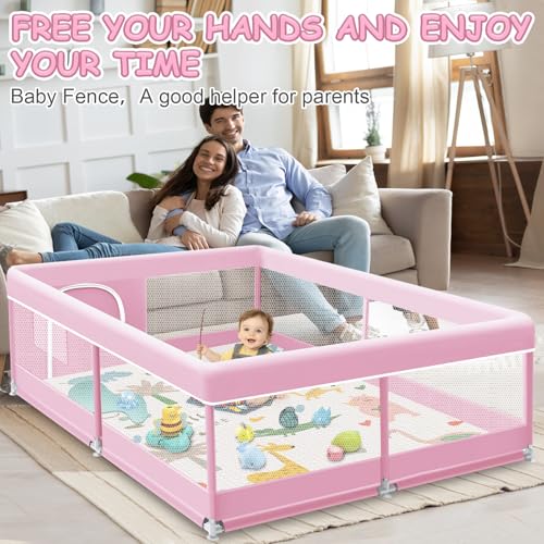 Image of XVISHX Baby Playpen with Mat, 50 x 50 Inch Playpen for Babies and Toddlers, Baby Playard for Indoor & Outdoor Active Center Game Fence, with Skin-Friendly Fabric and Soft Breathable Mesh, Pink