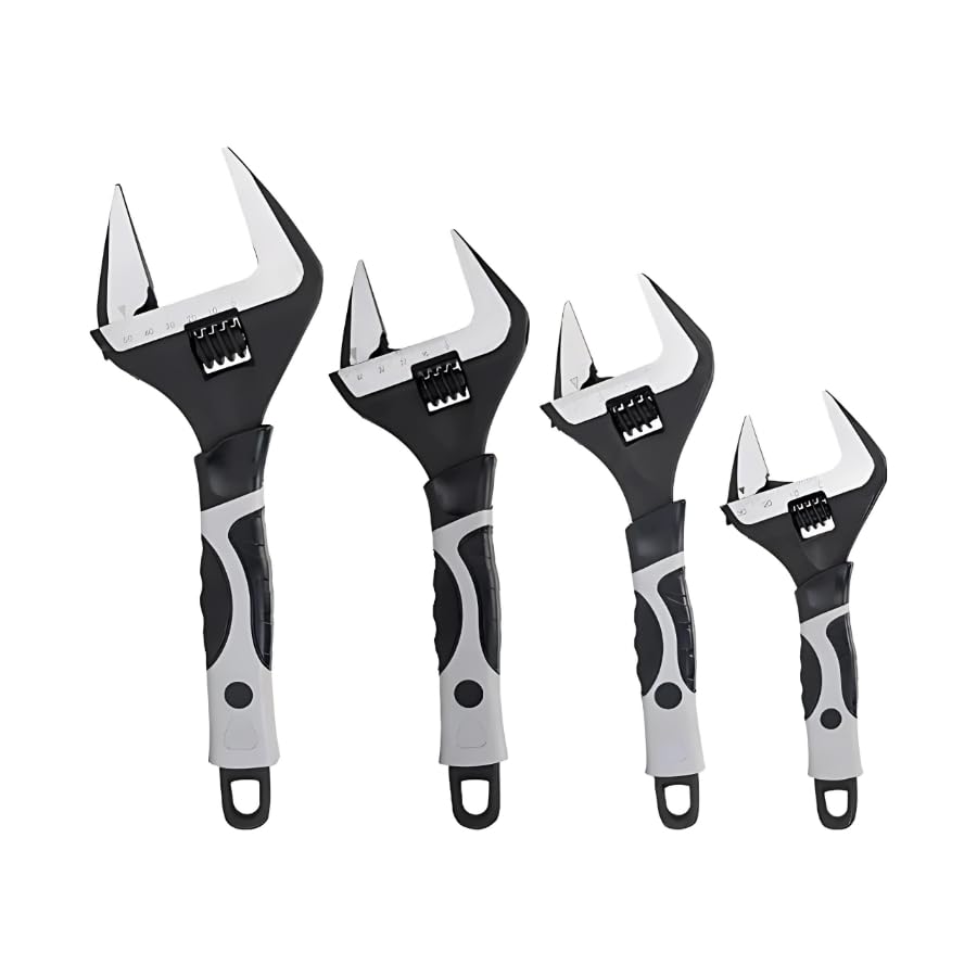 Juego de 4 llaves inglesas ajustables – 6, 8, 10, 12 pulgadas, apertura de mandíbula extra ancha de 34-60 mm, acabado negro y blanco, herramientas manuales mecánicas y mecánicas de aleación de acero