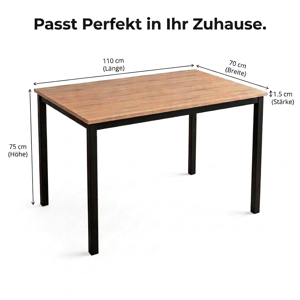 SAM Esstisch Agata 110x70 cm Eiche 15 mm Tischplatte schwarz | kleiner Küchentisch & Schreibtisch, Holz, Esszimmertisch