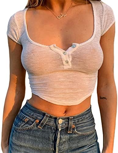 See-Through Short Sleeve, Women's Sexy Knitted T Shirt, Solid Color Crop Tops for Women Sheer Blouse Mini Tee, White, M
