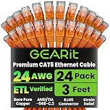 GearIT 24-Pack, Cat5e Ethernet Patch Cable 3 Feet - Snagless RJ45 Computer LAN Network Cord, Orange - Compatible with 24 48 Port Switch POE Rackmount 24port Gigabit