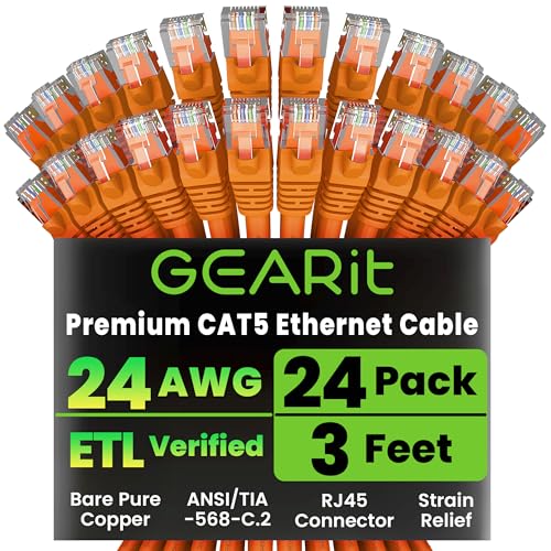 GearIT 24-Pack, Cat5e Ethernet Patch Cable 3 Feet - Snagless RJ45 Computer LAN Network Cord, Orange - Compatible with 24 48 Port Switch POE Rackmount 24port Gigabit