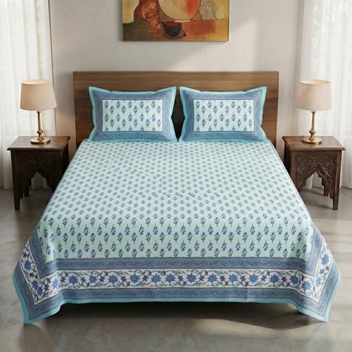 Image of Mafatlal 144 TC Heritage Queen Size Flat Bedsheet for Double Bed (90 x 100 Inches)| with 2 Pillow Covers | Soft & Smooth Printed Bedsheet for Daily Use | Glacier Blue